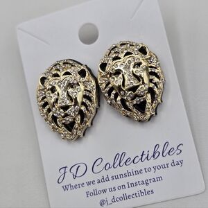 Swarovski Crystal Elements Gold Black Lion Head Earrings 1 inch Statement Formal